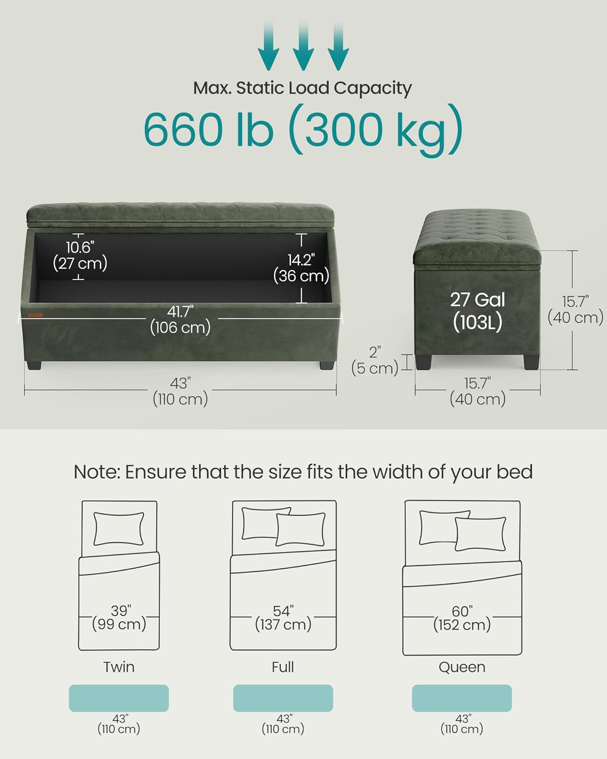 SONGMICS Velvet Storage Ottoman Bench, Foot Rest with Legs, 15.7 x 43 x 15.7 Inches, End of Bed Bench, Storage Chest, Load up to 660 lb, for Living Room, Bedroom, Entryway, Forest Green ULSF089C01