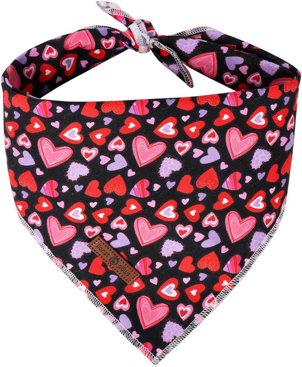 Lionet Paws Valentine Dog Bandana for Small Medium Dogs,Pink Hearts Black Kerchief Washable Dog Triangle Bibs Scarf for Girl or Boy Gift