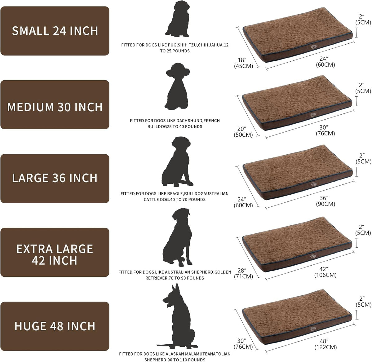 EMPSIGN Dog Bed Mat 47 Inch Reversible Warm & Cool,Washable Dog Crate Bed with Egg Crate Foam Support, Pet Sleeping Mat for Large Medium Small Dogs, Fluffy Kennel Pad(Brown)