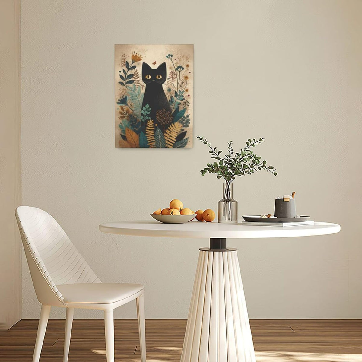 Boho Black Cat Wall Art Kitten Botanical Wall Decor Mid Century Modern Canvas Painting Print Minimalist Pictures Artwork Framed Decorations Gifts for Cat Lover Bathroom Nursery Living Room Bedroom Kitchen 12"x16"