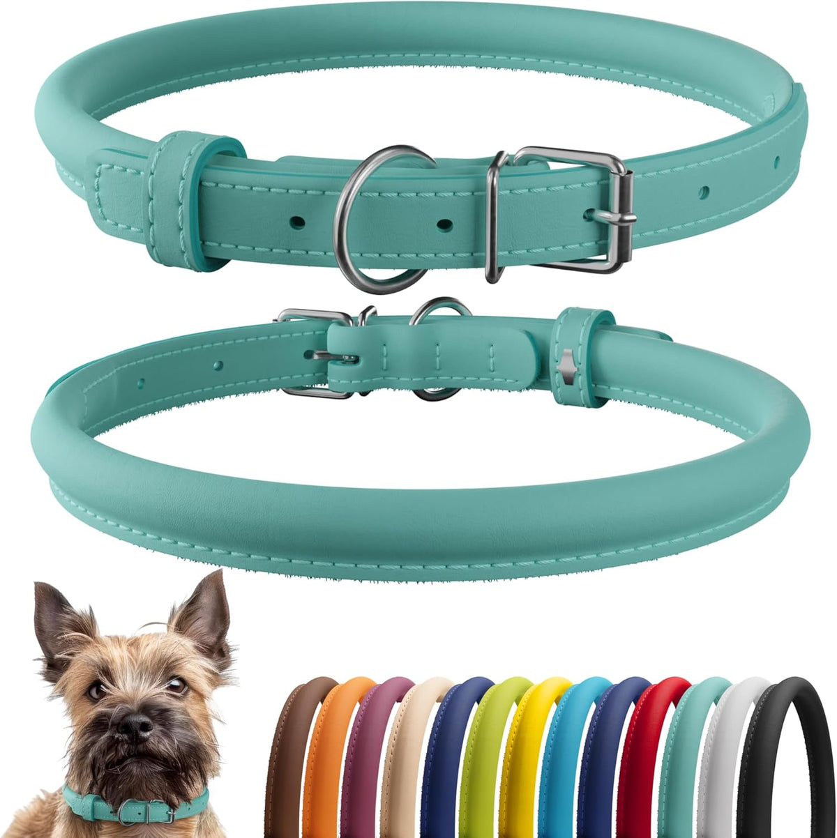 CollarDirect Rolled Leather Dog Collar, Soft Padded Round Puppy Collar, Handmade Genuine Leather Collar Dog Small Large Cat Collars 13 Colors (6 Inch, Mint Green Smooth)