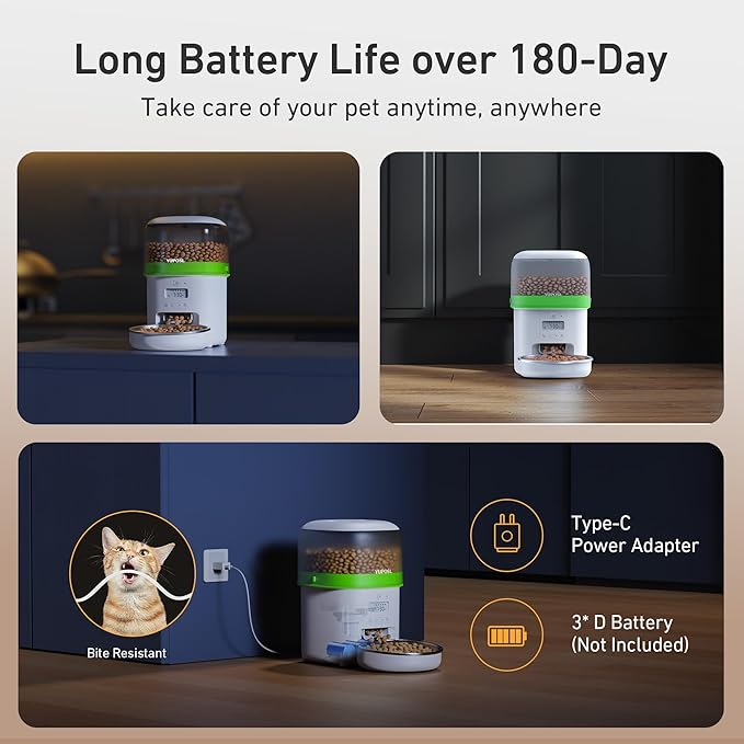 Automatic Cat Feeder - 2L Cat Food Dispenser, Timed Auto Pet Feeder with 180-day Battery Life, 1-6 Meals Per Day, 1-16 Portion, Desiccant Bag Keeps Dry Food Fresh, Also for Small Dogs