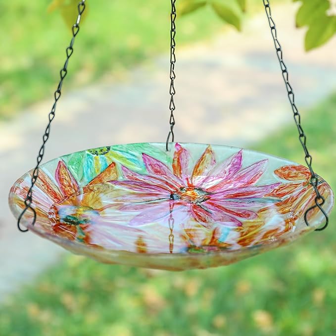 MUMTOP Hanging Bird Bath-Bird Baths for Outdoors - 12 Inch Watercolour Daisy Glass Bird Water Bowl Bird Feeders for Outside, Garden, Lawn Yard Decor