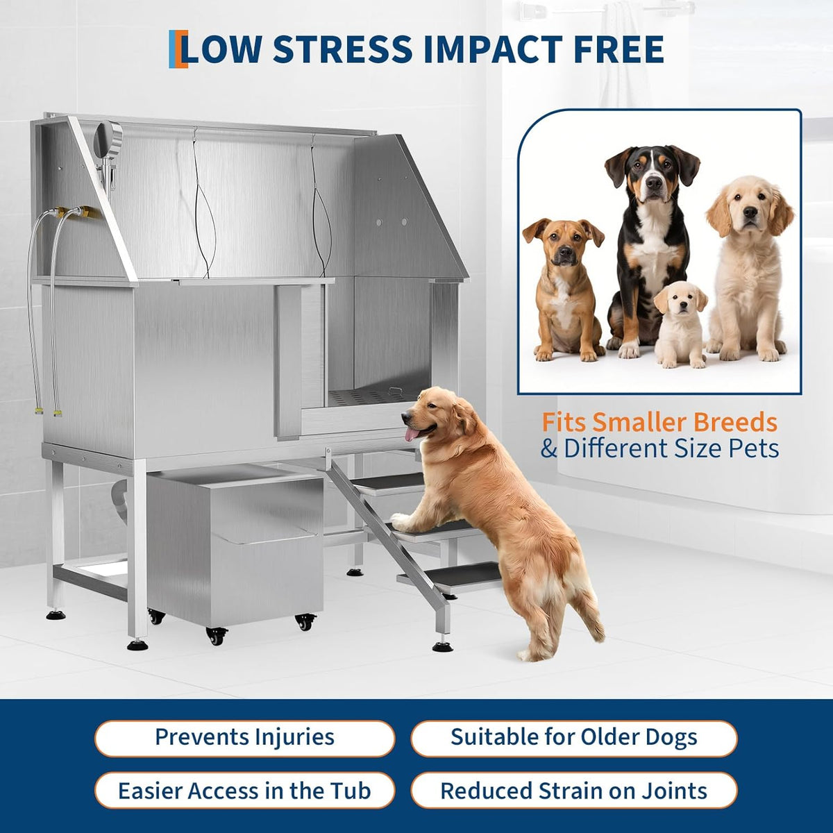 50" Stainless Steel Professional Dog Washing Station - Pet Bathing Tub w/Non-Slip Stairs & Storage Shelf | Slip-Resistant Floor Grate | for Large/Medium/Small Dogs