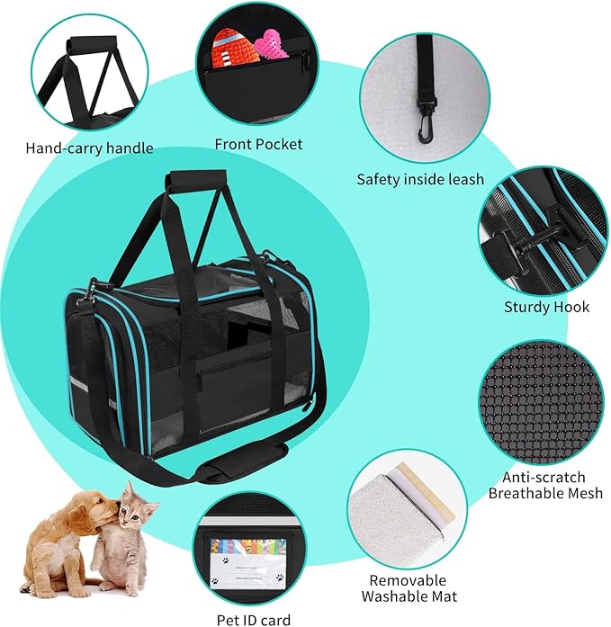 Soft - Sided Pet Carrier for Cats and Small Dogs, Airline - Approved, Black Travel Tote with Mesh Windows, Foldable Bowl, Shoulder Strap, Oeko - TEX Certified