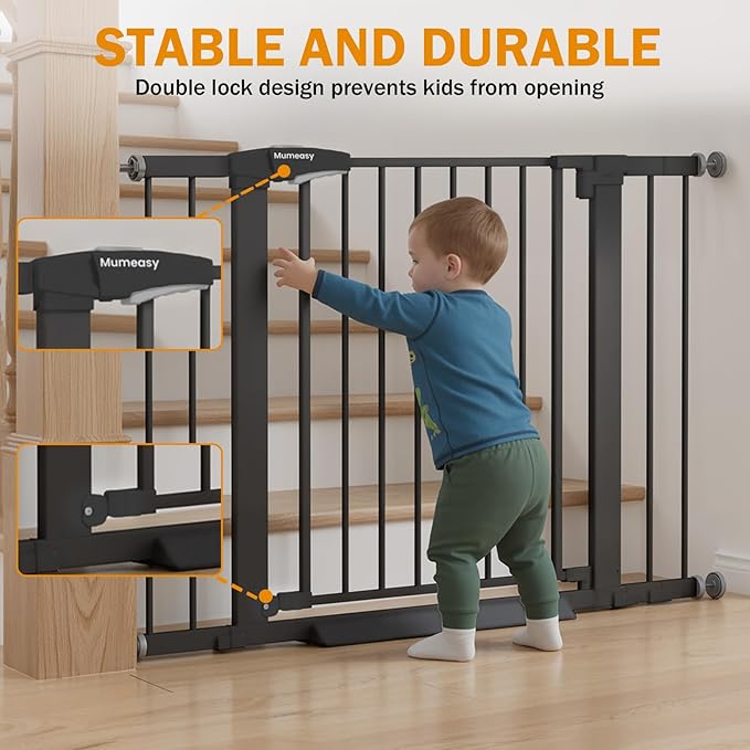 Baby Gate for Stairs, 29.7-43" Auto Close Dog Gate for Doorways & Hallways, Pressure Mounted Pet Gate with Walk Thru Door, Easy Install Safety Gate for Children & Pets, No Drilling, Dual-Lock Design