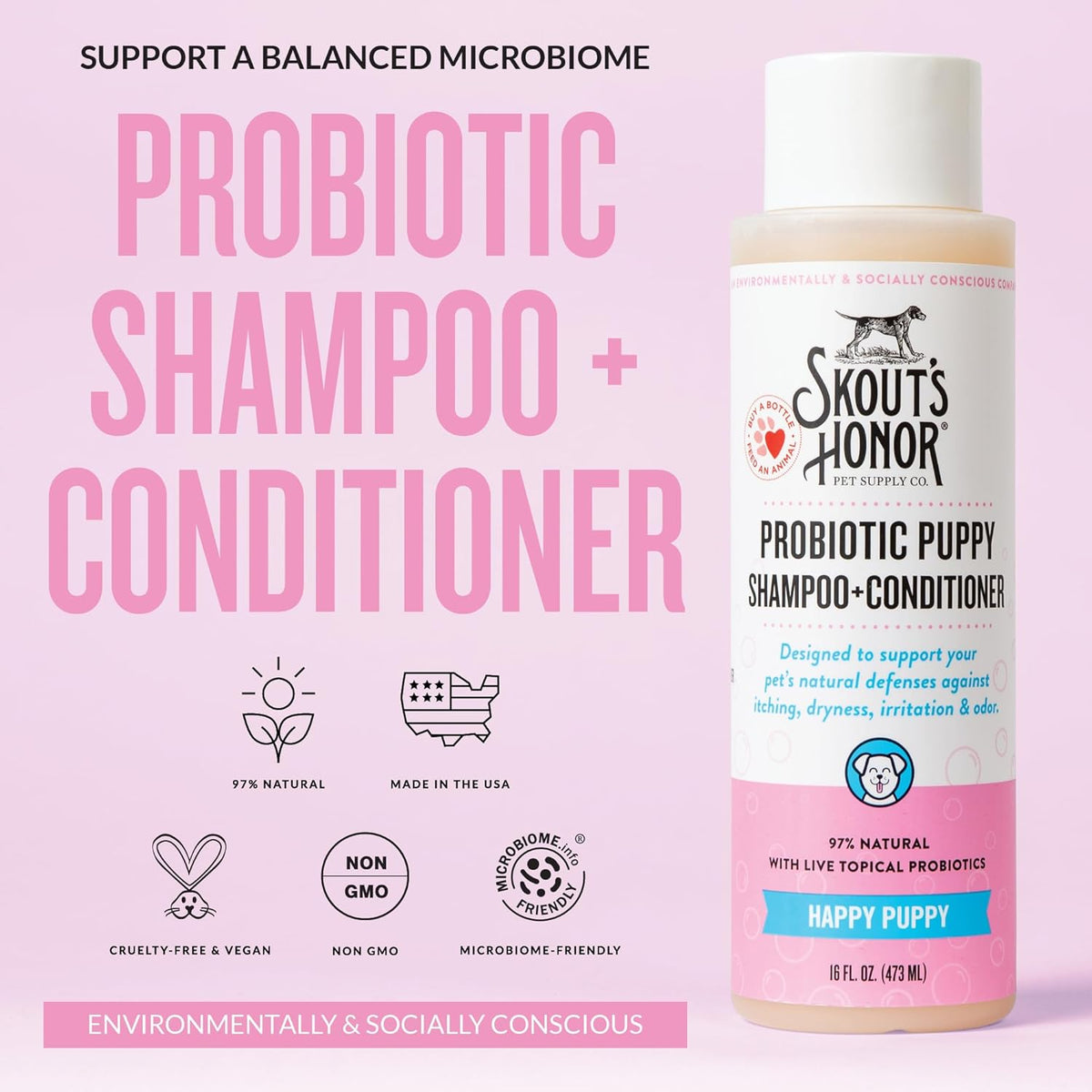 Skout's Honor Probiotic Dog Shampoo & Conditioner with Avocado Oil & Omega-3s, 97% Natural, Paraben & Sulfate-Free, Cruelty-Free, 16oz, Happy Puppy, 2-Pack