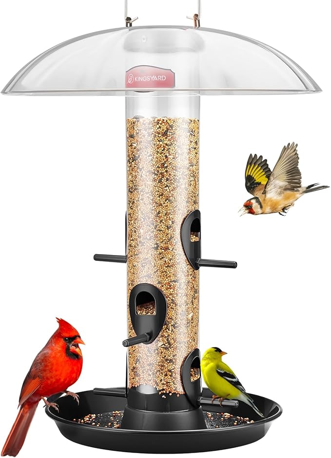 Kingsyard Metal Bird Feeders for Outdoors Hanging, Wild Bird Feeder for Finch Cardinal, Large Tray and Rainproof Dome, 2 lbs Seeds Capacity (Black)