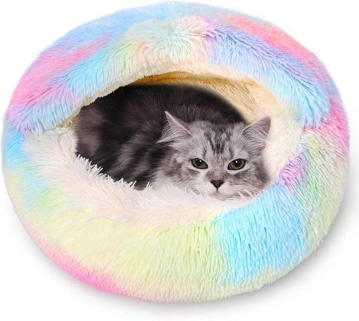 Calming Dog Beds & Cat Cave Bed with Hooded Cover,Removable Washable Round Beds for Small Medium Pets,Anti-Slip Faux Fur Fluffy Coved Bed for Improved Sleep,Fits up to 15/25 lbs(Colorful,M)