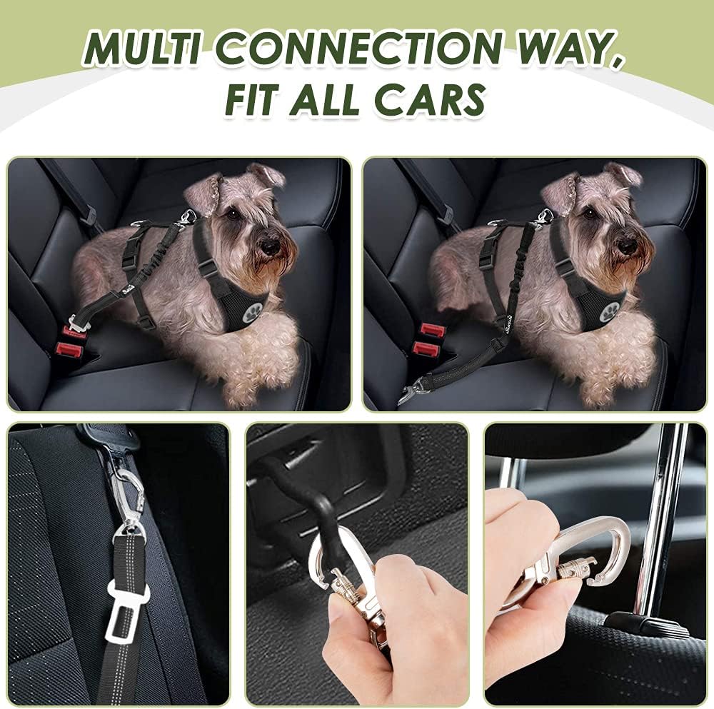 SlowTon Dog Seat Belt Harness for Car, Dog Car Harness Adjustable Mesh Breathable & Dog Seatbelt Safety Tether with Elastic Bungee for Small Medium Large Pets(Black, Double Clip, XXXS)