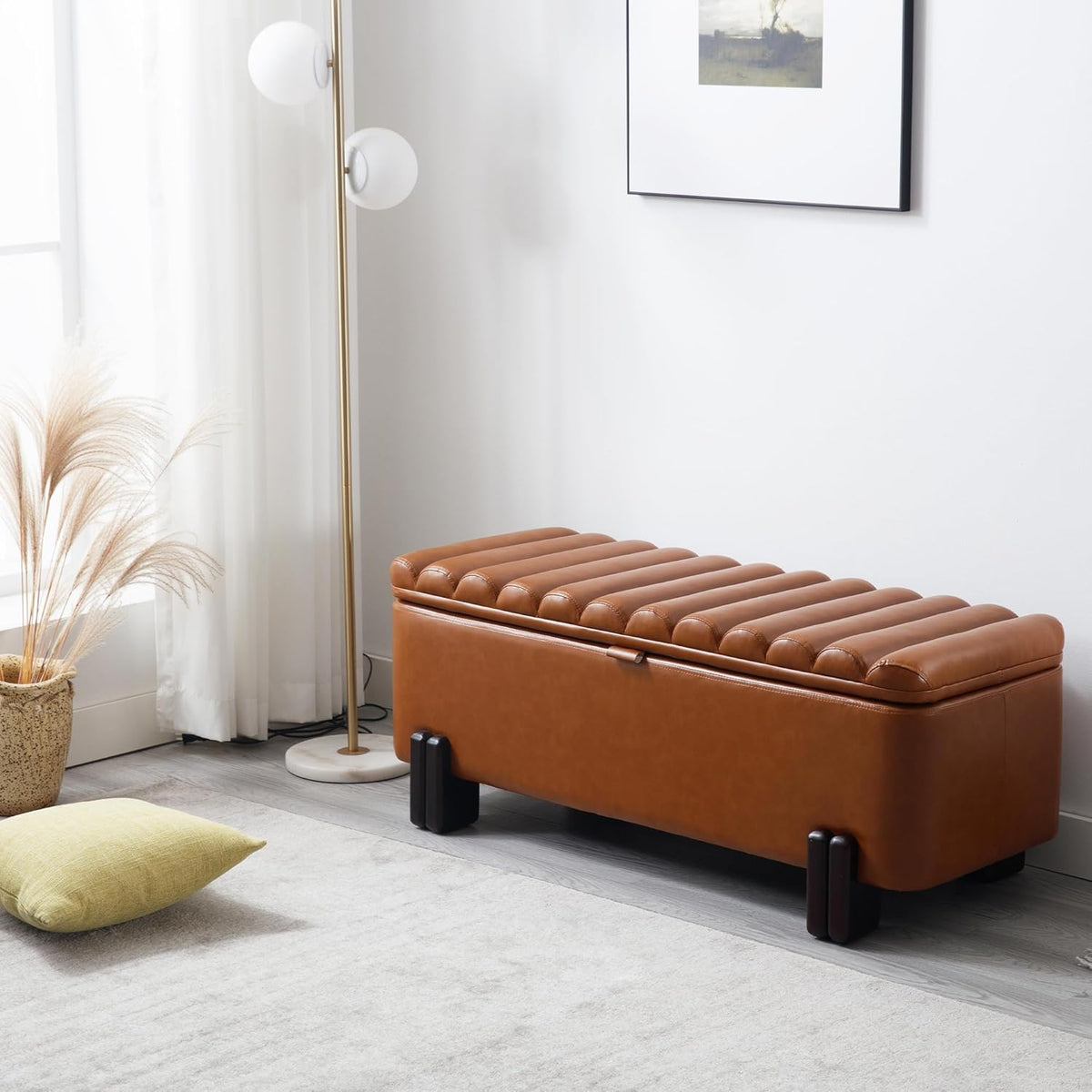 Wavy Ottoman Storage Bench Multi-Functional Narrow Entryway Bench Elegant End of Bed Bench with Storage and Safty Hinge for Living Room Entryway Hallway Bedroom Boutique, Brown