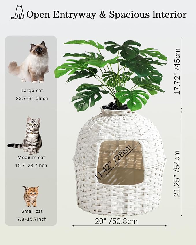Cat Litter Box Plant Enclosure, Hidden Handwoven Rattan with Cat Litter Box Furniture and Artificial Plants, Odor Control Filter, Real Stones in Living Room, Bedroom, Corner (White)