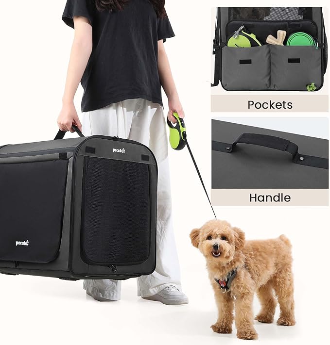 Dog Car Carrier Light Weight, 24×17.7×20.5in Dog Carrier for Cars Easy to Assemble, Dog Cars Crate Portable and Breathable, Foldable Pet Carrier for Outing, Dogs Travel Crate with Curtain Dark Gray