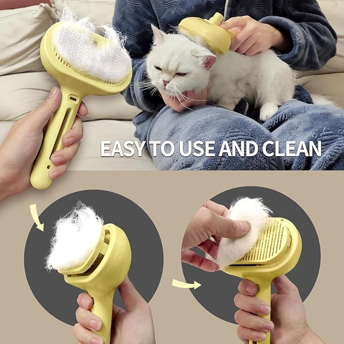 3 In 1 Steamy Brush with Release Button and Tank, Anti-Static Pet Brush for Long and Short Hair Pets to Remove Tangles and Loose Fur (Yellow)