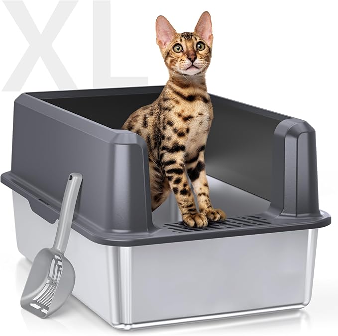 Enclosed Stainless Steel Cat Litter Box with Lid, XL Extra Large Litter Box for Big Cats, Metal Litter Pan High Sided, Never Absorbs Odors, Anti-Urine Leakage, Easy Cleaning, Include Scoop