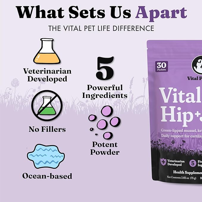 Vital Hip & Joint Supplement for Dogs and Cats - Dog Joint Supplement, Mobility Support, Inflammation Defense, Green Lipped Mussels, Krill, Collagen for Dogs, Veterinarian Developed, 30 Packets