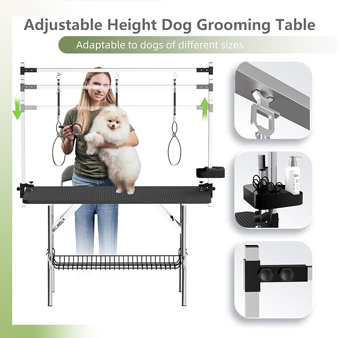 VFK 47'' Large Dog Grooming Table Stainless Steel Foldable Grooming Table for Dogs at Home Adjustable Height Arms Pet Station with Nooses, Mesh Tray, Tool Organizer