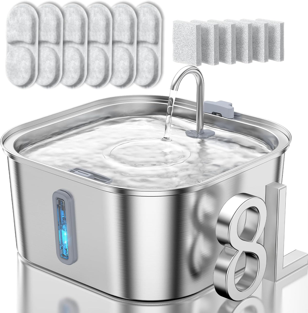 Dog Water Fountain for Large Dogs, 8L/2.1Gal Stainless Steel Pet Water Fountain with Water Level Window, Automatic Dog Water Bowl Dispenser for S-L Dogs and Multi-Pets (with 6pcs Filters)