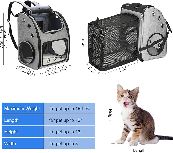 Expandable Pet Carrier Backpack for Cats, Dogs and Small Animals, Portable Pet Travel Carrier, Super Ventilated Design, Airline Approved, Ideal for Traveling/Hiking/Camping