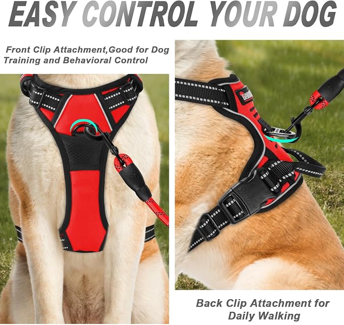 BARKBAY No Pull Dog Harness Front Clip Heavy Duty Reflective Easy Control Handle for Large Dog Walking(Red,L)