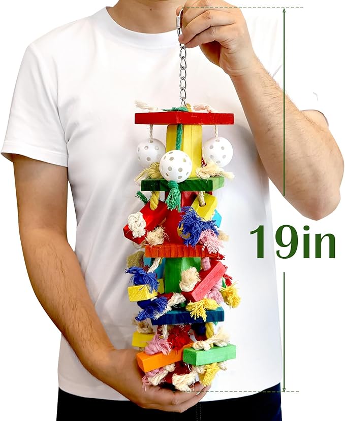 Interactive Parrot Toys for Large Birds, Cockatoo, Cockatiel, and Parakeet Toys, Original Wooden and Natural Material, Fun Durable and Eco-Friendly Bird Cage Toy