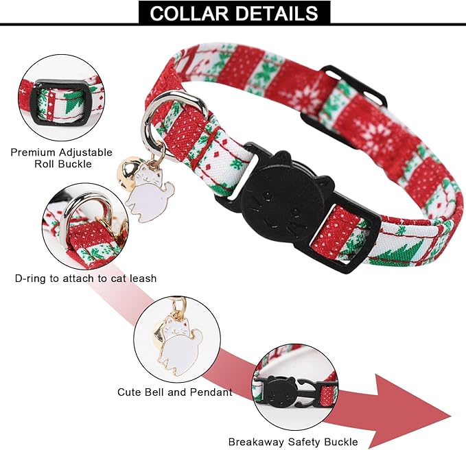 Unique style paws 2 Pack Christmas Kitten Collar Breakaway with Bell & Pendant, Adjustable Safety Cat Cotton Collars for Girl Boy Cats and Small Pets