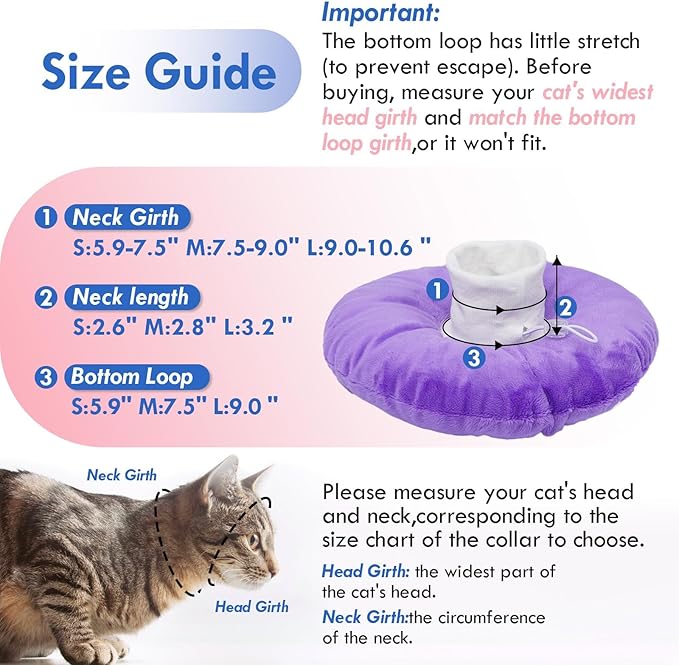 Adjustable Cat Neck Cone, Comfortable Elizabethan Recovery Collar After Surgery to Prevent Licking Wound, Ideal for Skin Disease, Deworming, Protective Pet Cone, Purple Medium