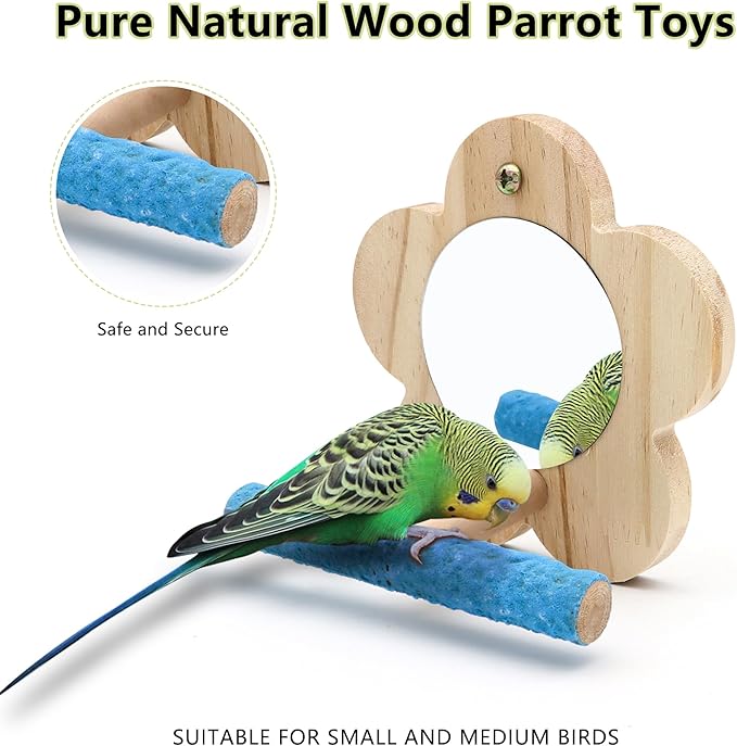 Small Bird Mirror Parrot Swing,Wooden Parakeet Perches Flower Interactive Play Toys for Small Budgies Macaw African Grey Parakeets Lovebird Cockatiel Cage Accessories (S, Wood-1p)