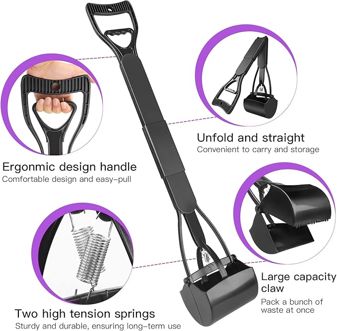 UPSKY 32'' Pooper Scooper for Large Small Dogs, Long Handle Dog Poop Scooper with Waste Bags, Portable Dog Poop Pick Up Tool, Folding Poop Scoop for Yard, Grass, Dirt, Gravel Black