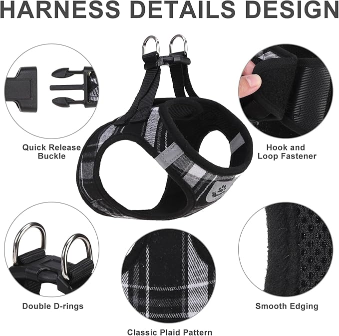 EXPAWLORER Classic Plaid Puppy Harness - Dog Collar and Leash - Soft Mesh Padded Adjustable Step in Small Dog Vest Harness No Pull, Reflective Escape Proof for Outdoor Walking, Black L