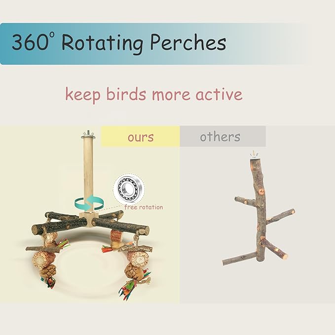 Bird Perch 360° Rotating with Natural Chew Toys - ROOJUNE Bird Toys Cage Accessories- Parrot Wooden Stand for Small and Medium Birds (Parakeets, Budgies, Cockatiels, Conures, Finches)