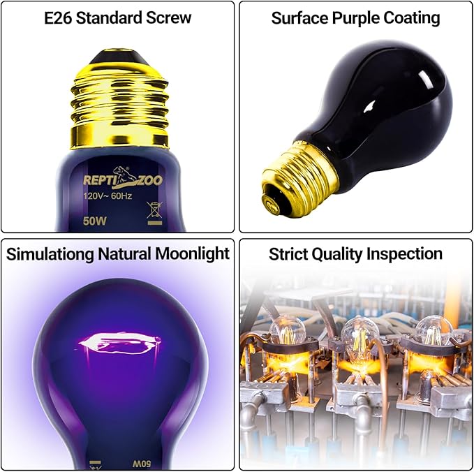 REPTI ZOO 2PCS Reptile Heat Lamp, 150W Night Heat Bulb Moonlight Bulb Purple Infrared Heating Lamp Simulate Natural Moonlight Night Heat Bulb for Reptile Amphibian