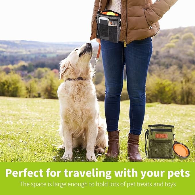Dog Treat Training Pouch Easily Carries Pet Toys Kibble, Treats Built-in Poop Bag Dispenser 3 Ways to Wear Comes with a Foldable Silicone Bowl(Army Green)