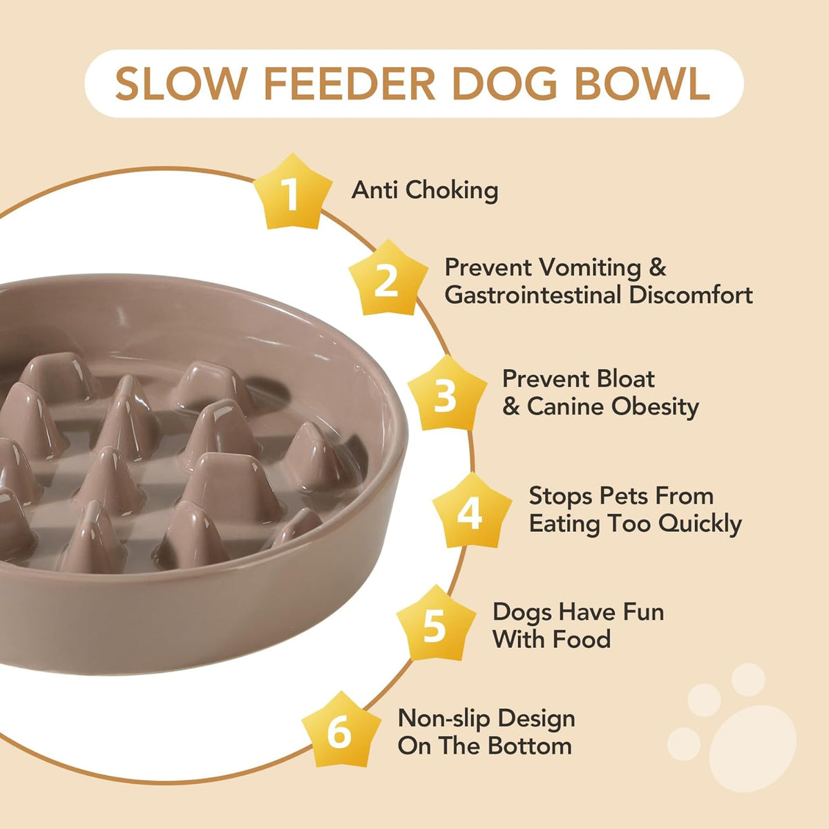 Ceramic Raised Slow Feeder Dog Bowl Set, Elevated 8.2inch Bowl and 9.5inch Slow Pet Food Dish with Wooden Stand for Large Dog (2 x Brown Coffee+ Stand)