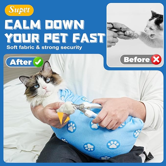Supet Cat Wrap for Cutting Nails, Self-Adhesive Cat Grooming Wrap, Anti-Scratch Cat Wrap for Grooming, Ideal for Medicine, Nail Clipping, Teeth Brushing, Ear Cleaning