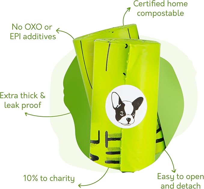 100% Certified Home Compostable Dog Poop Bags with Handles - 10% to Charity - ASTM D6400 & EN 13432 Compliant - 120 x Plant Based X Large Compostable Poop Bags (10 Rolls)