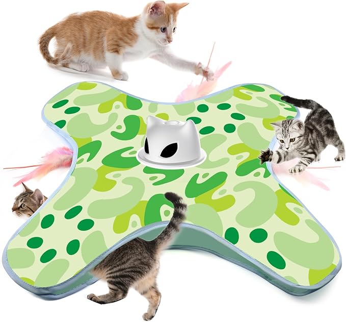 VIWIK Interactive Cat Toys for Indoor Cats, Hide and Seek Moving Feather Toy for Bored Adult Cats with Suction Cup & Cover, Automatic Kitten Wand Toy, Cat Enrichment Toys for All Breeds Green