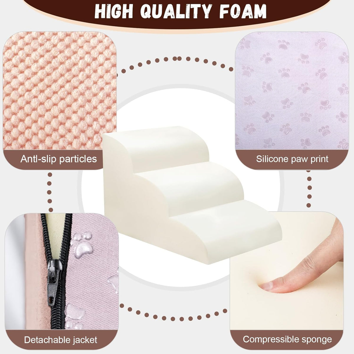 Dog Stairs for Small Dogs - High Density Foam Pet Steps, Extra Wide Dog Ramp with Non-Slip Bottom for High Beds, Couch and Sofa, Best for Dogs Injured, Older Doggy Cats,3 Steps, Pink
