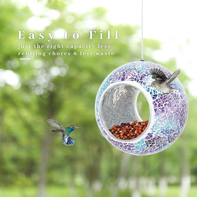 VCUTEKA Mosaic Bird Feeder, Round Glass Container Hanging Bird Feeders for Gardens, Yards, Decks to Attract Wild Birds, 7-Inch Purple Blue