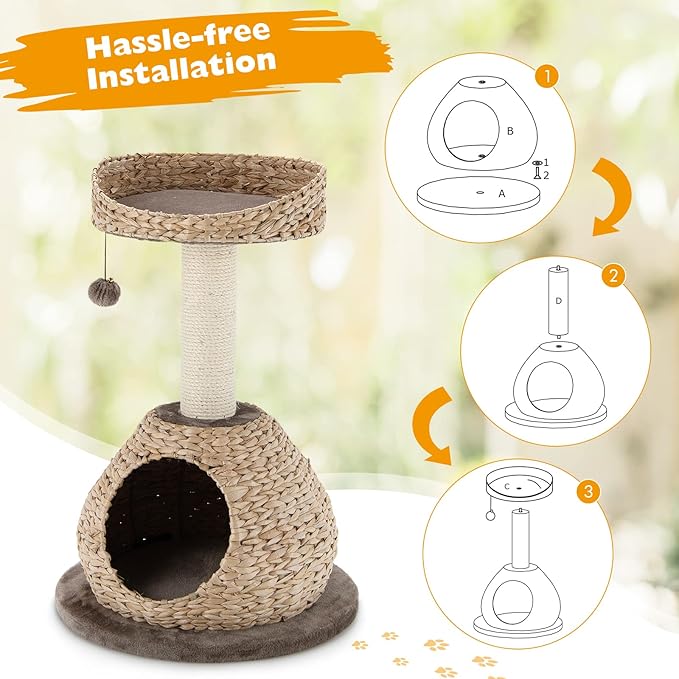 Tangkula Modern Cat Tree, Small Cat Tower with Natural Sisal Scratching Post, Hand-Made Wicker Cat Condo & Top Perch, Funny Hanging Toy Ball, Cute Cat Tree Tower for Indoor Cats