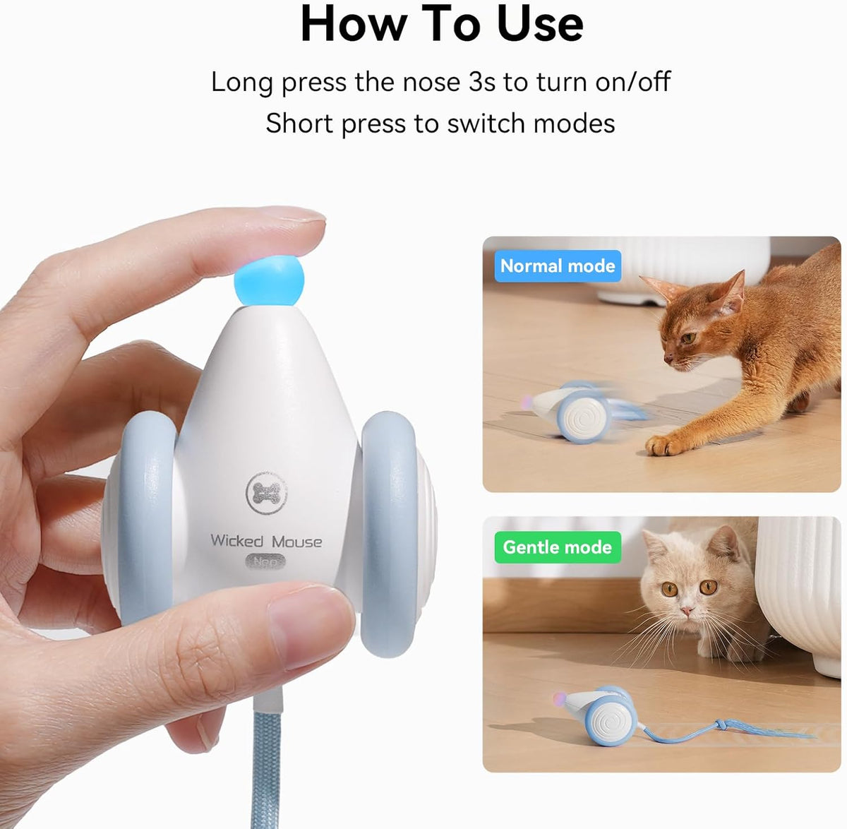 Cheerble Interactive Cat Toys for Indoor Cats, Automatic Moving Kitten Toys, Wicked Mouse Neo Cat Toy with Tail & Lights, Pet Cat Supplies, Rechargeable Cat Toys for Bored Indoor Adult Cats,Blue