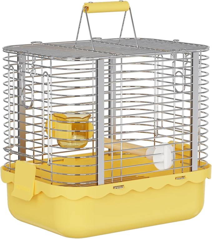 Bird Carrier Travel Cage, Durable Portable Stainless Steel Birdcage with Bird Perch & Feeding Bowl for Parrots Canaries Budgies Lovebirds Conures Cockatiels (Small Yellow)