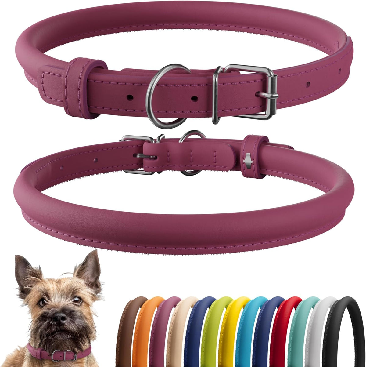 CollarDirect Rolled Leather Dog Collar, Soft Padded Round Puppy Collar, Handmade Genuine Leather Collar Dog Small Large Cat Collars 13 Colors (8-11 Inch, Pink Smooth)