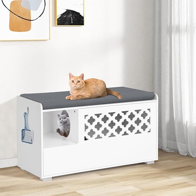 Tangkula Cat Litter Box Enclosure, Hidden Litter Box with Removable Cushion & Flip-Down Opening, Multifunctional Storage Cabinet Bench, Modern Litter Box Furniture Fits Most Litter Box (White)
