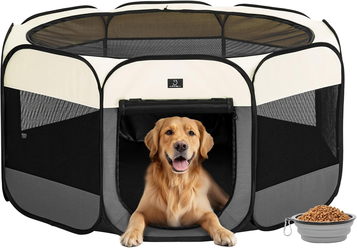 A4Pet Dog Playpen Indoor, 49” Portable Playpen with Bowl, Suitable for Puppies, Kittens, and Small Animals, Removable Zipper & Mesh Panel(16”W × 10”H)