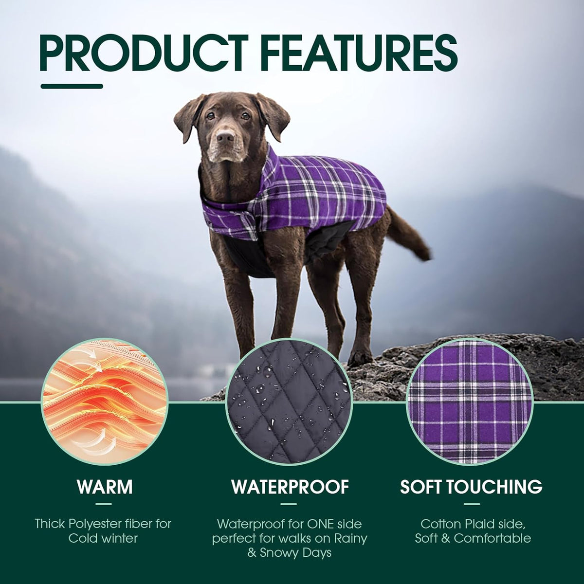 Kuoser Warm Dog Coat, Waterproof Dog Jacket for Extra Large Dogs, Adjustable Durable XXXL Doggie Winter Coat Reversible Puppy Cold Weather Apparel for Large Breed, Purple 3XL