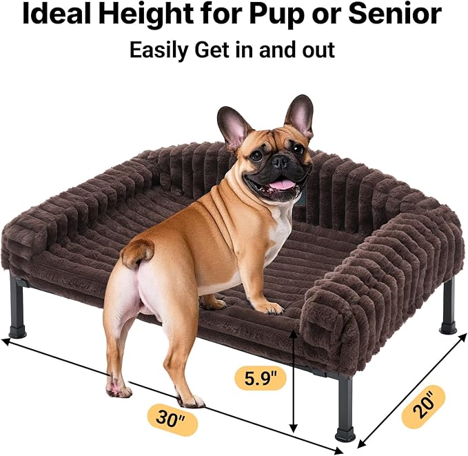 Veehoo Elevated Dog Bed with Bolster Cushion, Fluffy Plush Dog Couch Beds for Small Dogs, Cats, Washable Raised Pet Cot with Non-Slip Feet for Indoor or Patios Use, 30 x 20 Inches, Brown