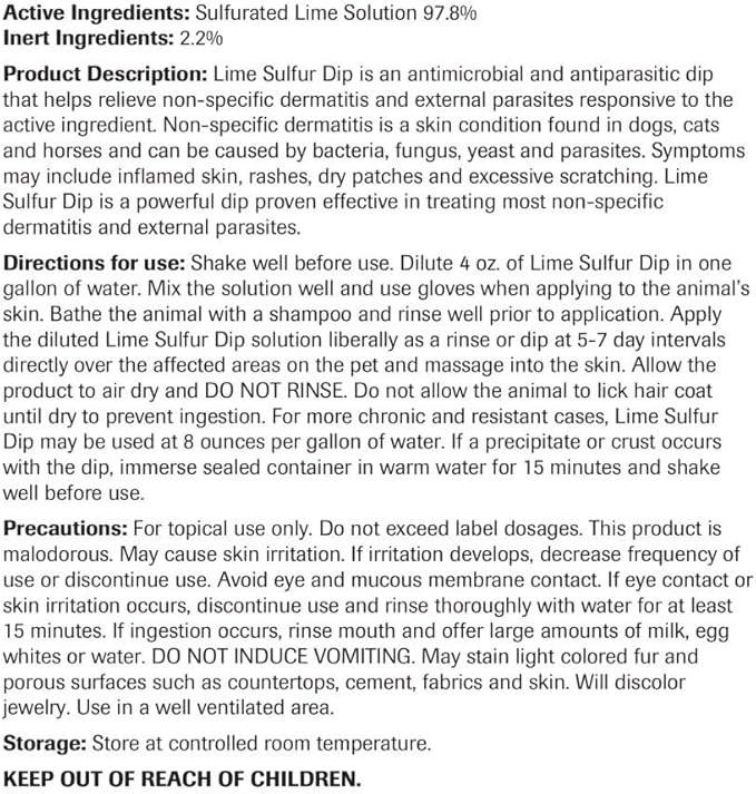 Vet Basics Lime Sulfur Dip – Skin Itch Relief Concentrated Antimicrobial & Antiparasitic Solution for Dogs, Cats, Puppies, Kittens & Horses, Helps Manage Ringworm, Mange, Skin Irritation, 1 Gallon
