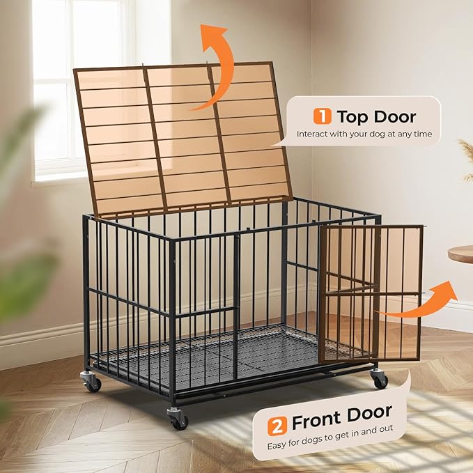 48 Inch Heavy Duty Dog Crate Steel Escape Proof, Indoor Double Door High Anxiety Cage, Removable Tray, Large Dog Kennel with Wheels,XL XXL