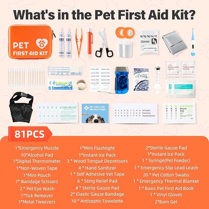 Portable Dog First Aid Kit with Hook - Water Resistant Pouch for Hiking, Camping, Daily Family Use, Travel, Pet Safety, Thoughtful Gift for Pet Owners (81pcs Upgrade Professional Version)